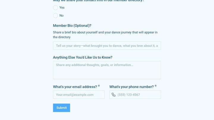 Dance Studio Member Directory Profile preview