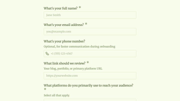 Affiliate Program Application preview