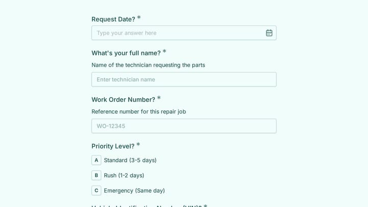 Automotive Parts Request Form preview
