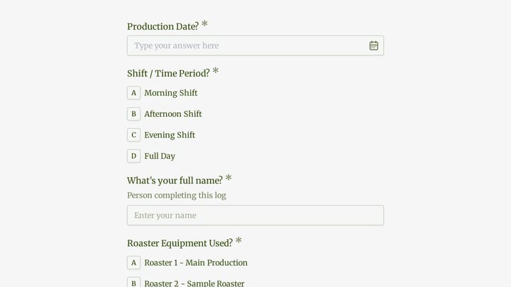Coffee Roastery Daily Production Log preview