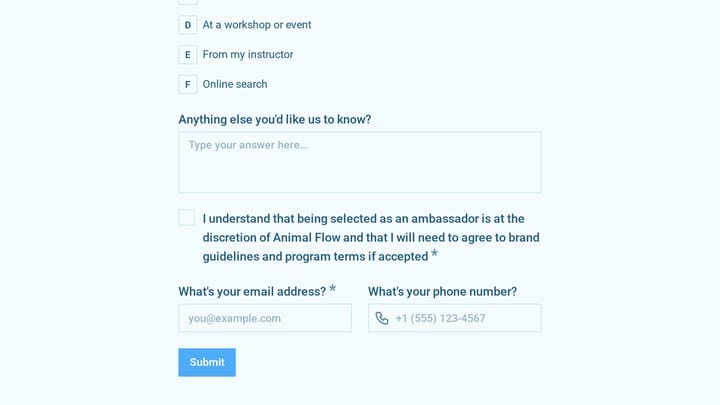 Animal Flow Brand Ambassador Application preview