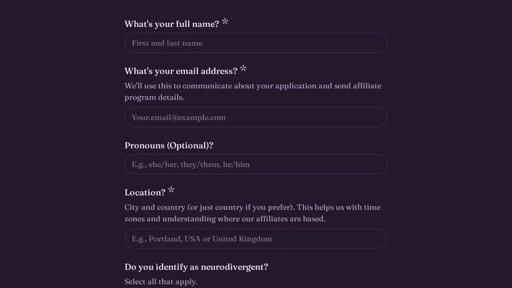 Autistic Inertia Affiliate Program Application preview