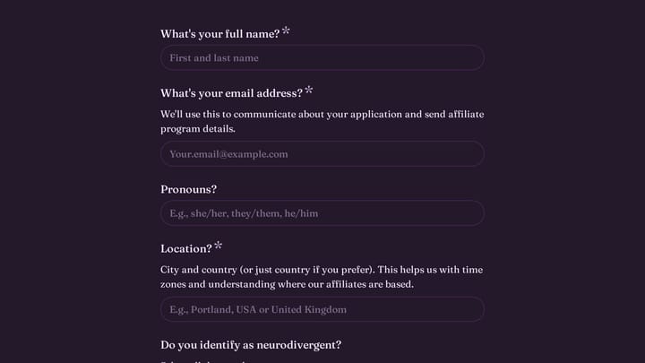 Autistic Inertia Affiliate Program Application preview