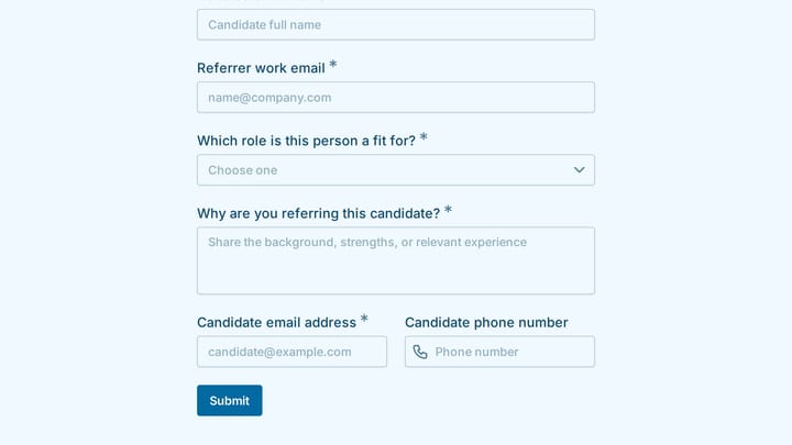 Employee referral submission form preview