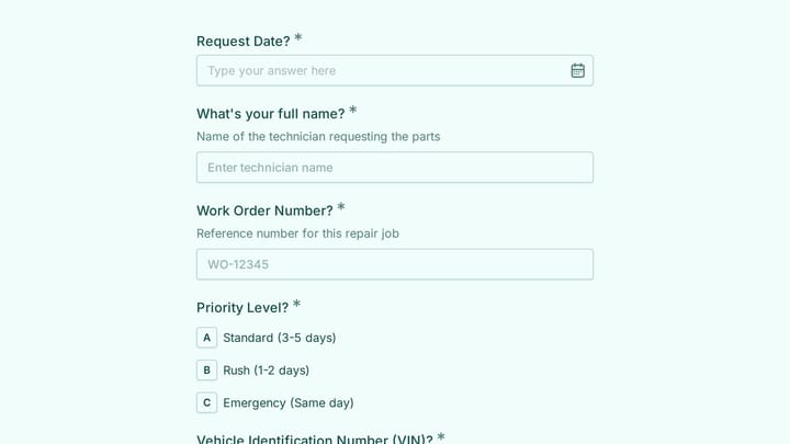 Automotive Parts Request Form preview