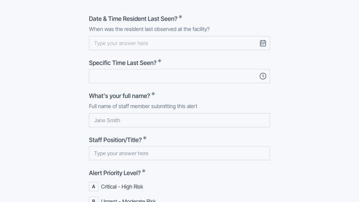 Wandering Resident Alert Form preview