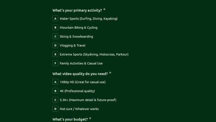 Action Camera Selector Quiz preview