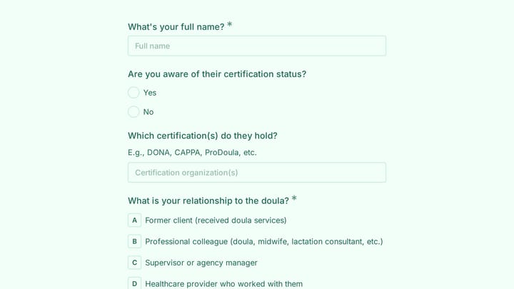 Certified Postpartum Doula Reference Form preview