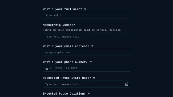 Membership Pause Request preview