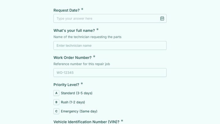 Automotive Parts Request Form preview