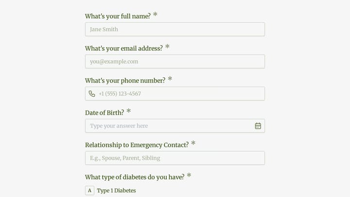 Diabetes Management Fitness Intake Form preview