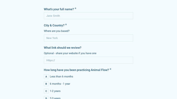 Animal Flow Brand Ambassador Application preview