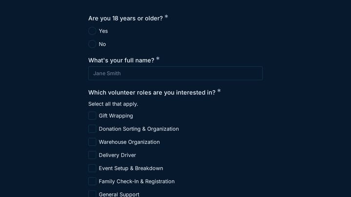 Holiday Toy Drive Volunteer Application preview