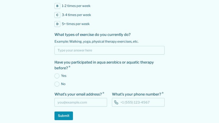 Aqua Aerobics Intake Form preview