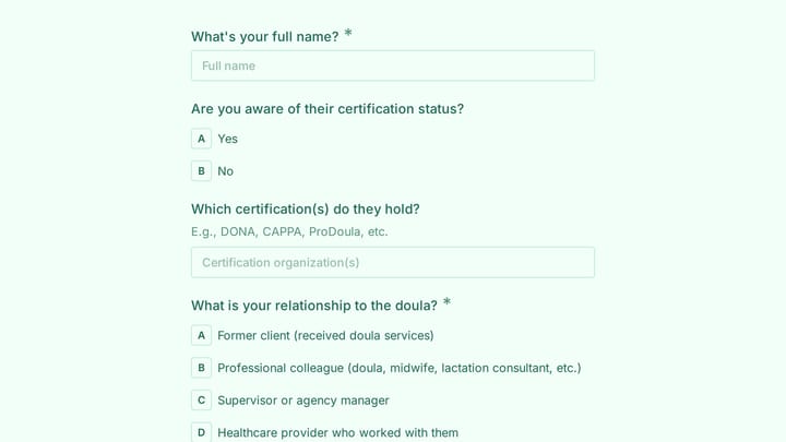 Certified Postpartum Doula Reference Form preview