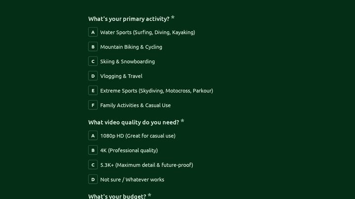Action Camera Selector Quiz preview