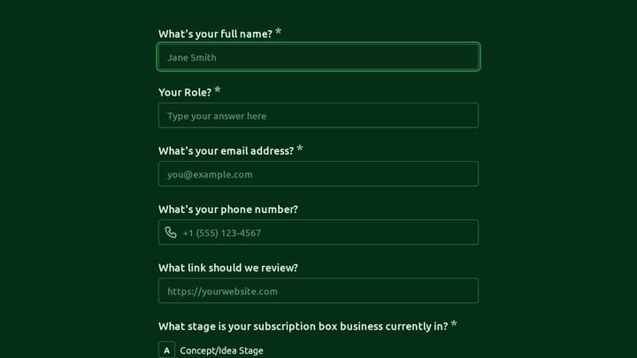 Subscription Box Business Client Intake preview