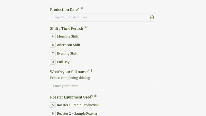 Coffee Roastery Daily Production Log preview