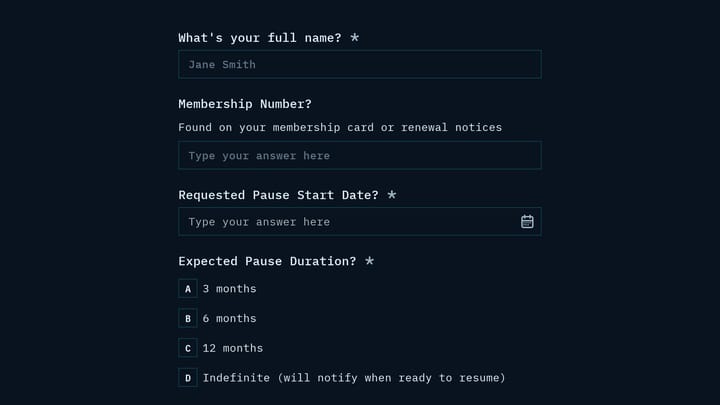 Membership Pause Request preview