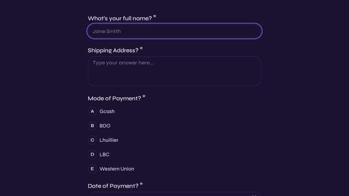 Payment Information Form preview