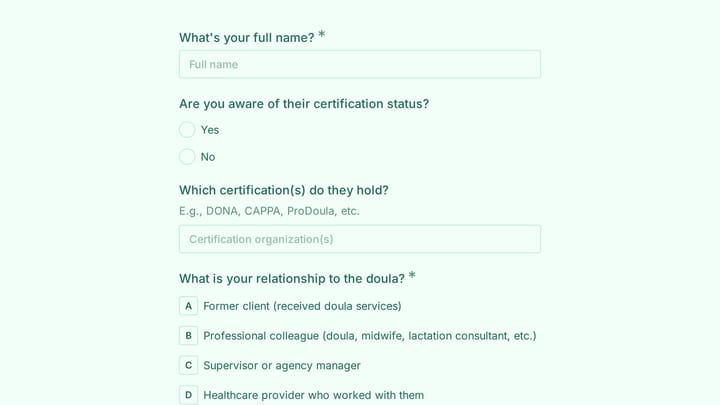 Certified Postpartum Doula Reference Form preview