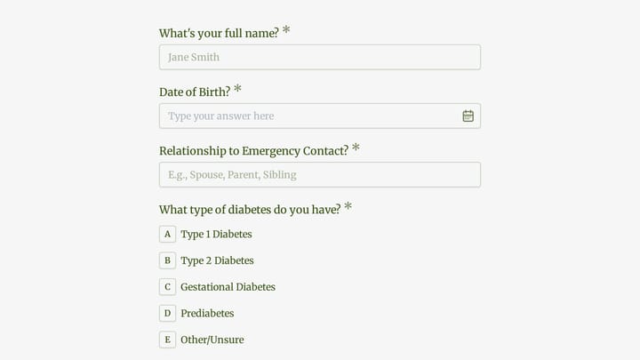 Diabetes Management Fitness Intake Form preview