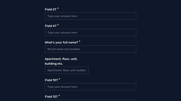 Address form with 196 countries in dropdown preview