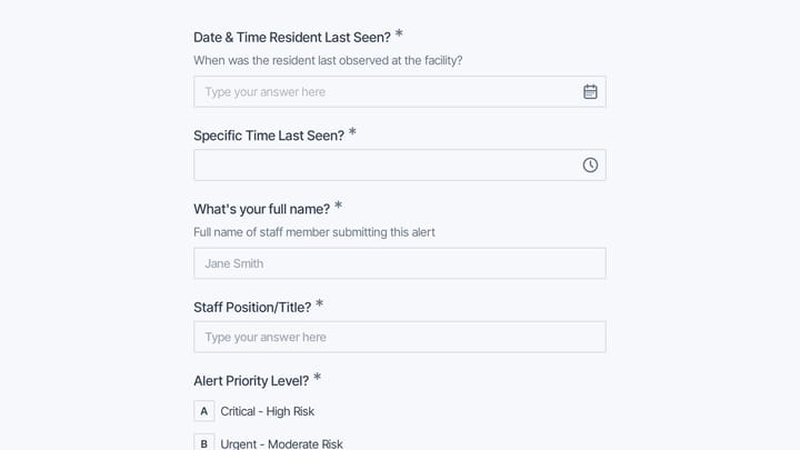 Wandering Resident Alert Form preview