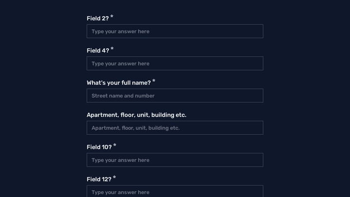 Address form with 196 countries in dropdown preview