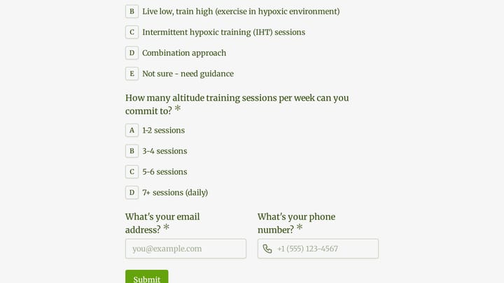 Altitude Training Intake Form preview