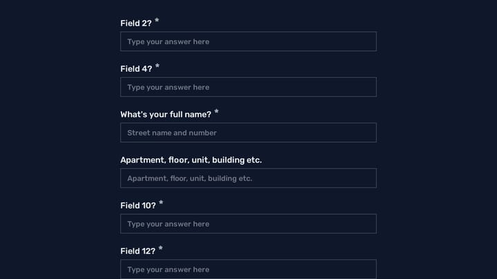 Address form with 196 countries in dropdown preview