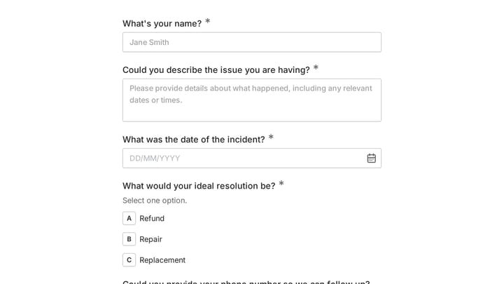 Customer Complaint Form preview