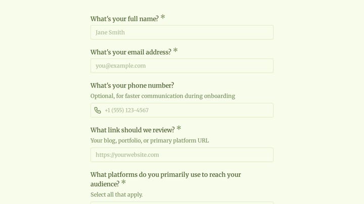 Affiliate Program Application preview