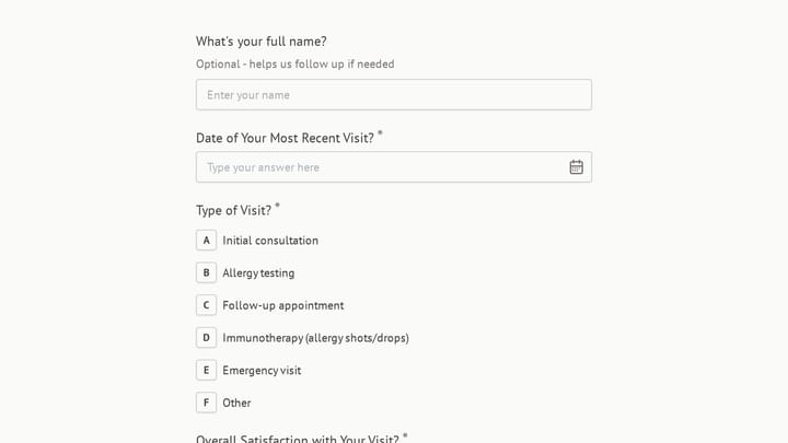 Allergy and Immunology Clinic Patient Feedback Survey preview