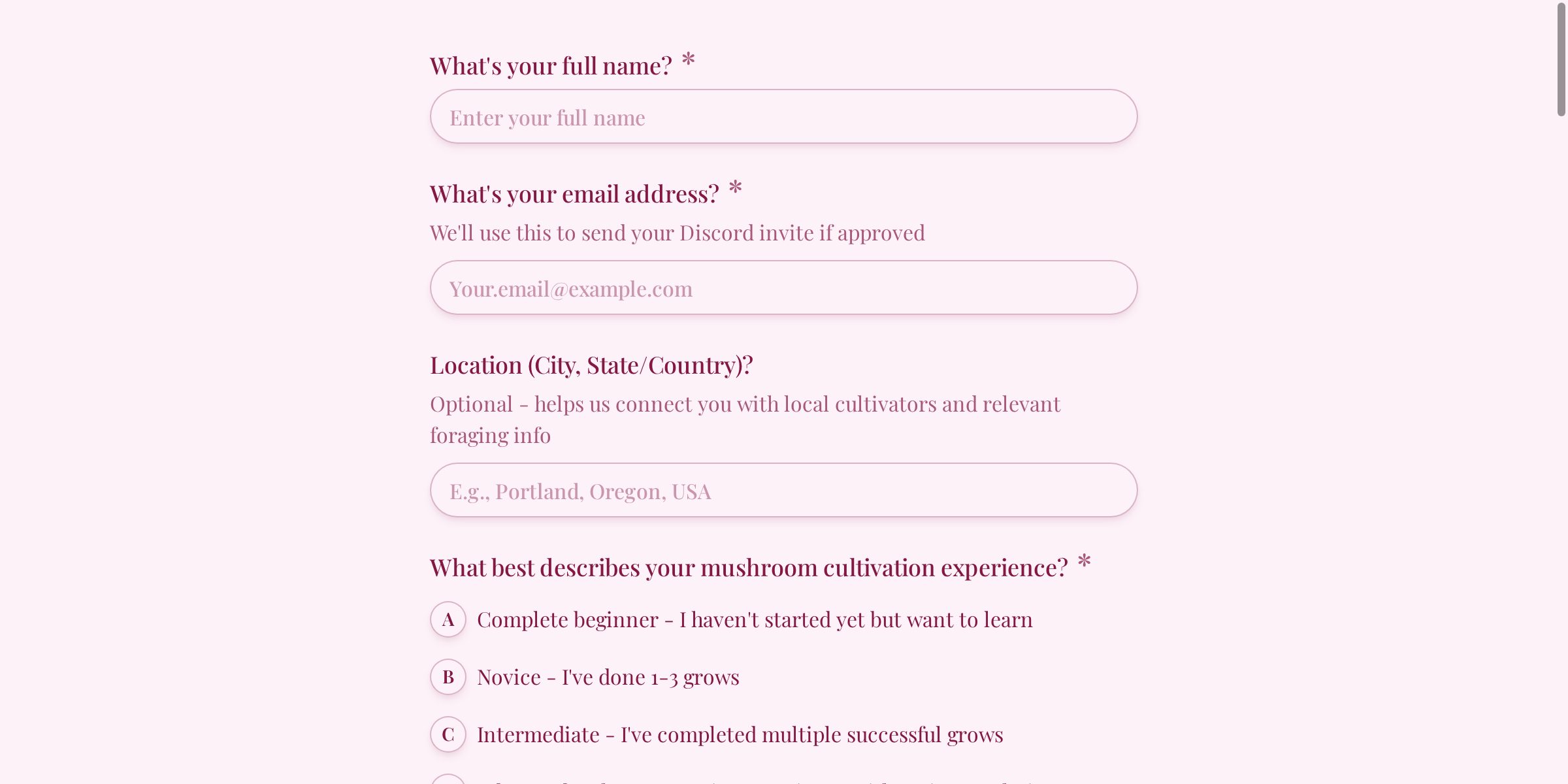 Mushroom Cultivation Community Application Form